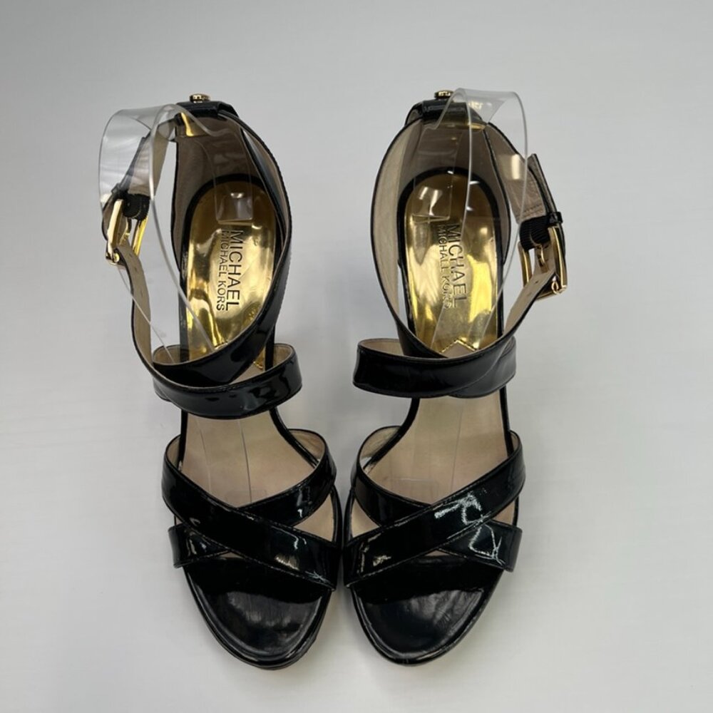 Michael Kors Heel Women 9 Leather Ankle Strap High Shiny Logo Work Party Core Go - Picture 4 of 12
